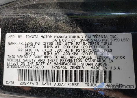 2007 Toyota Tacoma z USA, uszkodzony, nr VIN 5TEUX42N07Z455230